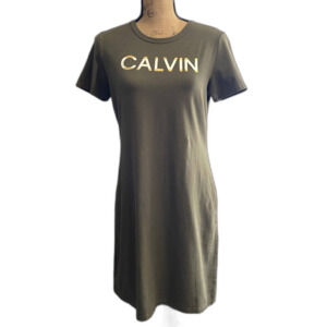 Calvin Klein Spellout‎ Logo T-Shirt Dress Olive Green Cotton Size Medium
